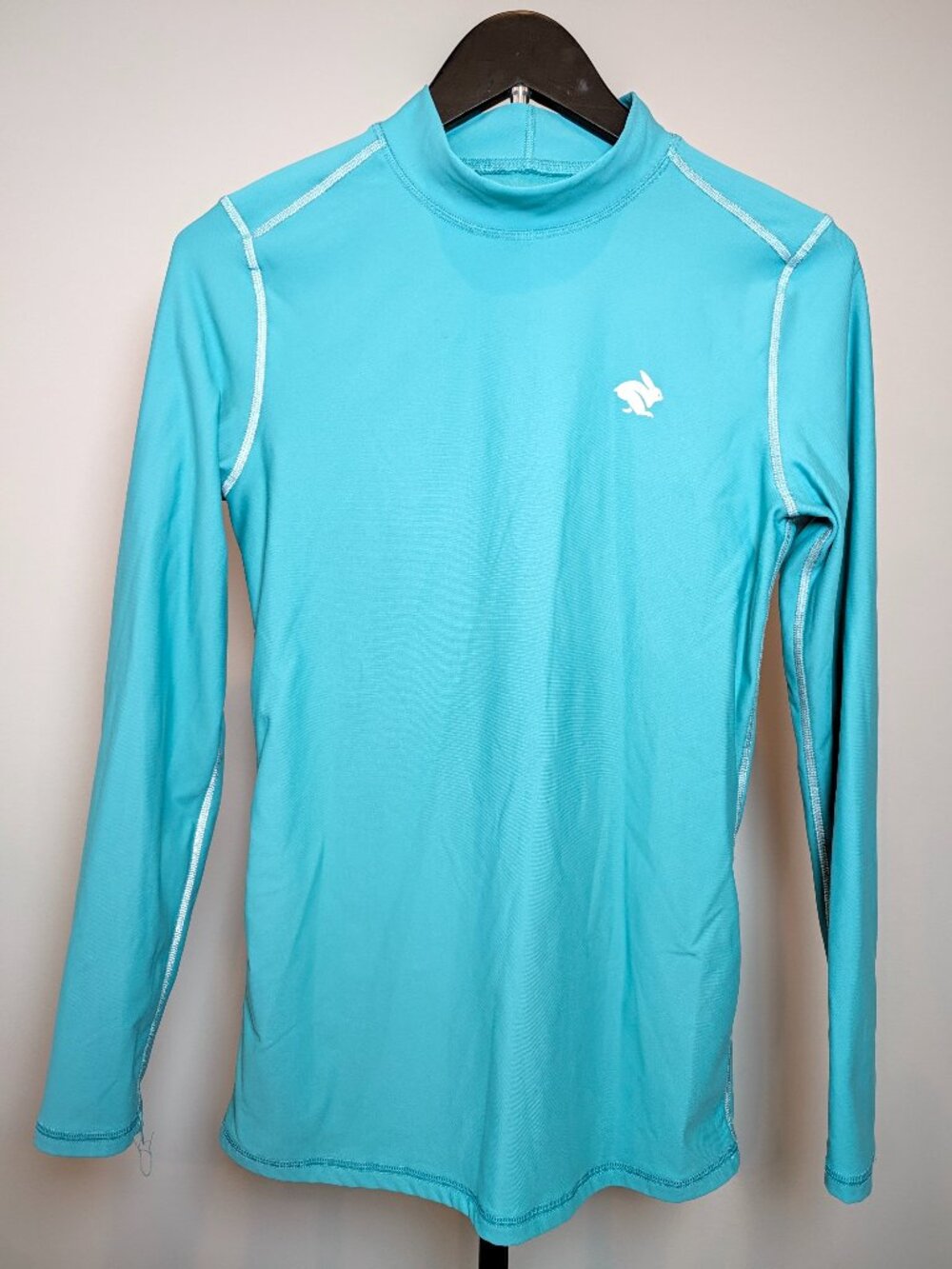 Rabbit Women's Size M Teal Long Sleeve Mockneck Top - Hopping Through Raindrops